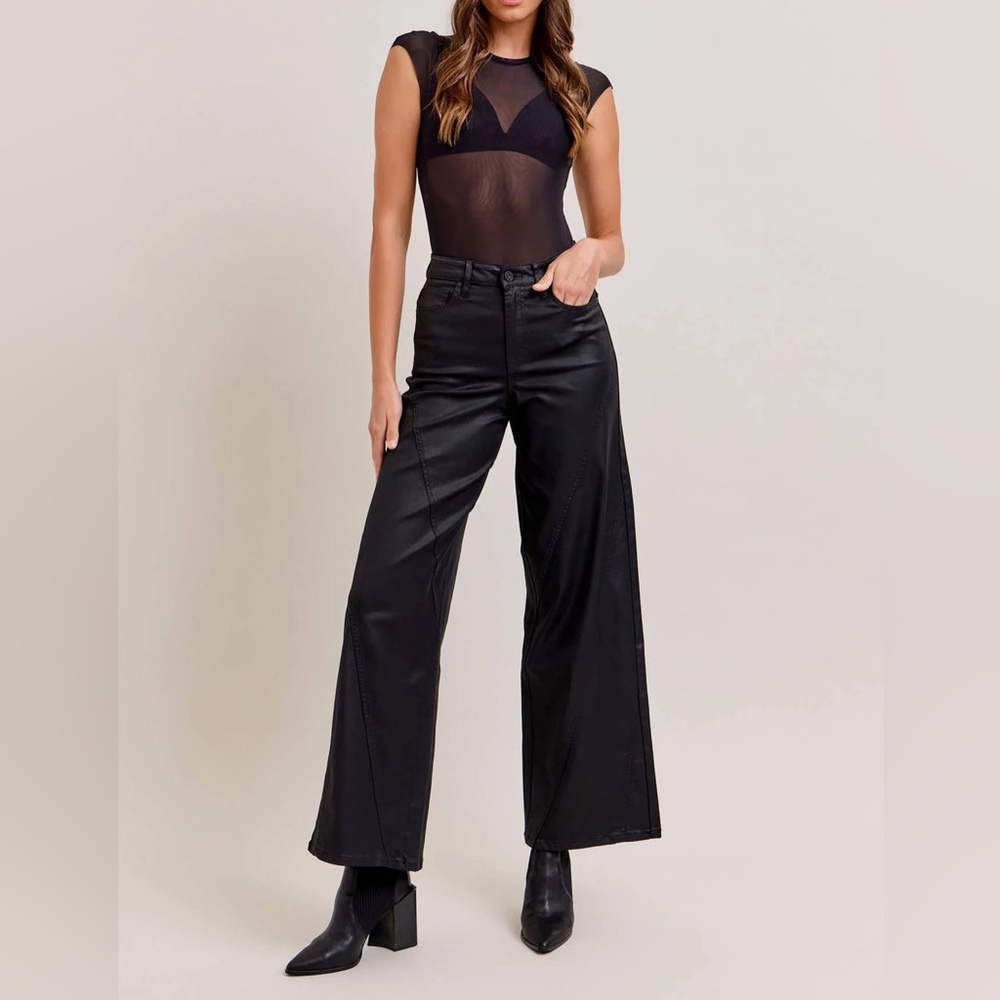 Hidden Los Angeles Black Leather Coated Wide Leg Pants